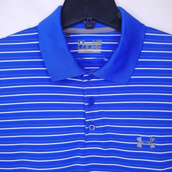 Under Armour Polo Shirt Mens Large Striped Blue White Performance Loose HeatGear - Picture 1 of 12